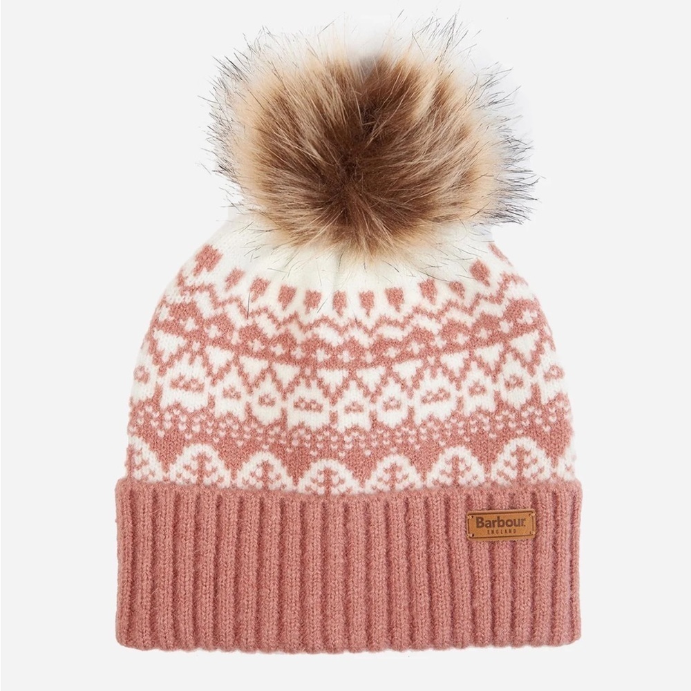 Barbour girls Pink Knit Pom-Pom Hat NWOT fair isle alpine